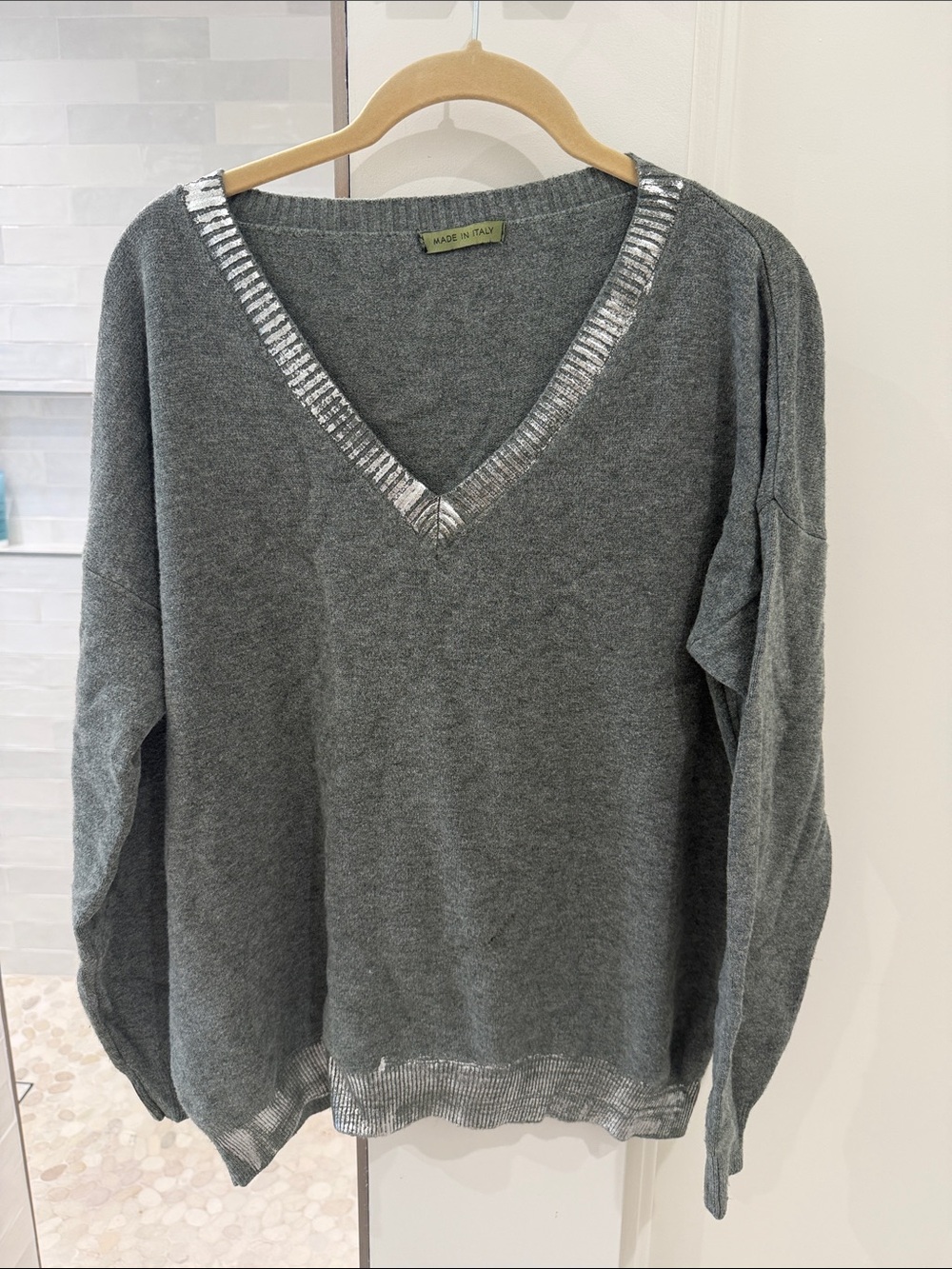 V-Neck Grey/Green Women's Sweater with Metallic Trim